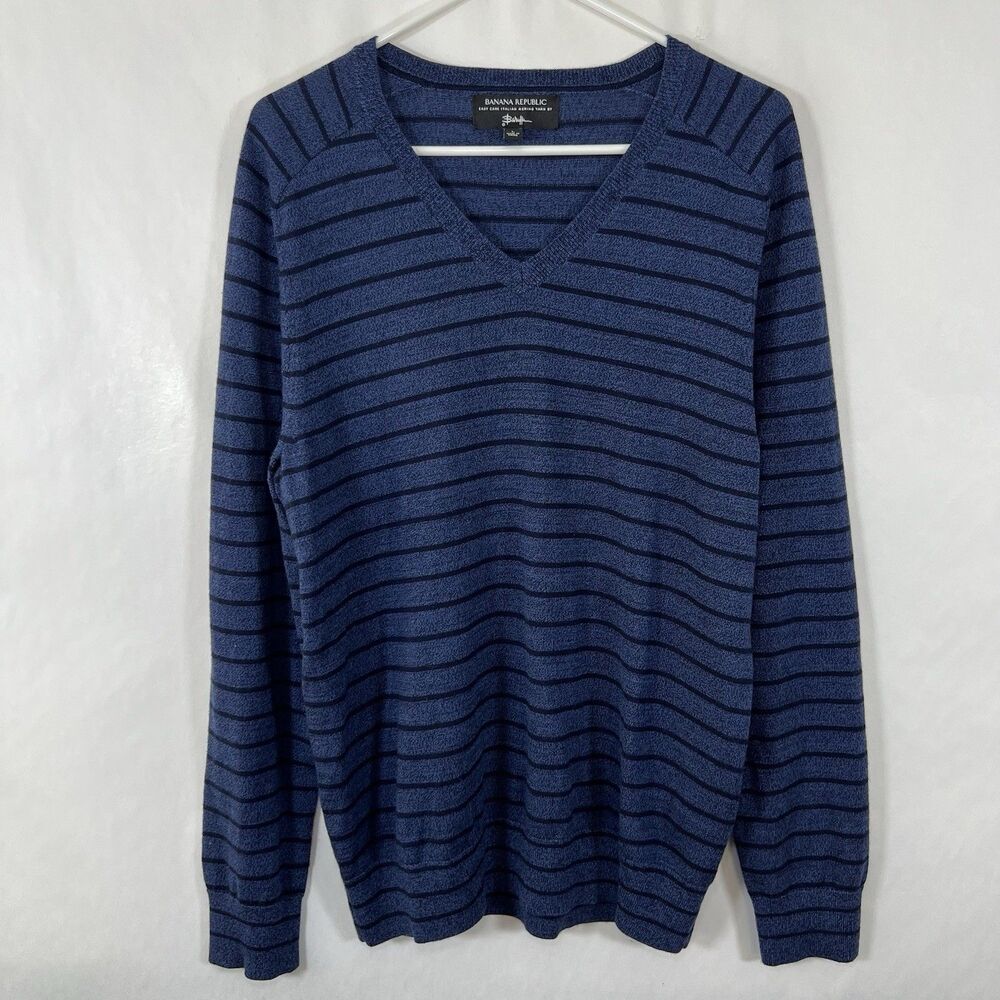 Banana Republic Baruffa V Neck Sweater Large Navy Black Striped 100% Merino Wool